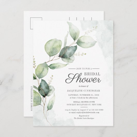 Waterverf Vrijgezellenfeest Eucalyptus Script Flor Uitnodiging Briefkaart (Voorkant / Achterkant)