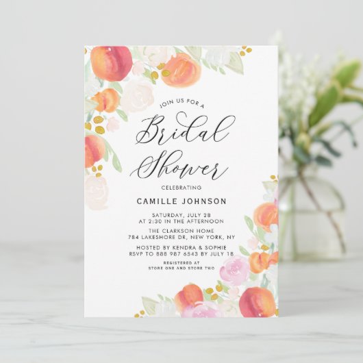 Waterverf Vrijgezellenfeest perziken en bloemen Kaart (Staand voorkant)