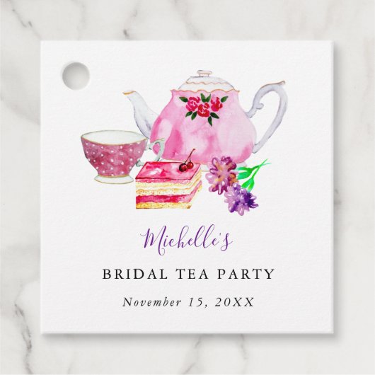 Waterverf Vrijgezellenfeest Tea Party Paars Teapot Bedankjes Labels (Voorkant)