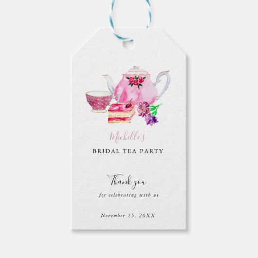 Waterverf Vrijgezellenfeest Tea Party Pink Dank u Cadeaulabel (Voorkant)