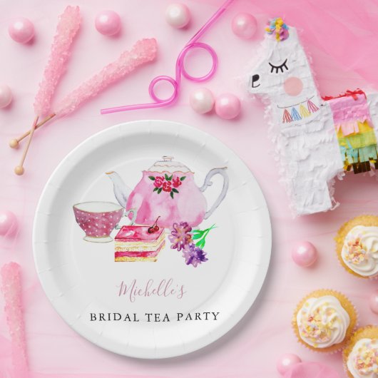 Waterverf Vrijgezellenfeest Tea Party roze theepot Papieren Bordje (Feest)