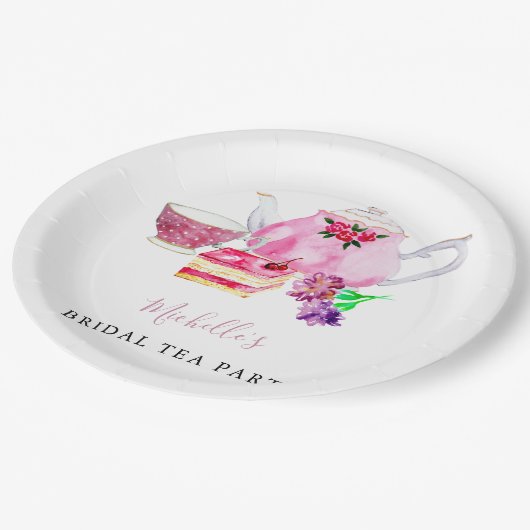 Waterverf Vrijgezellenfeest Tea Party roze theepot Papieren Bordje (Gekanteld)