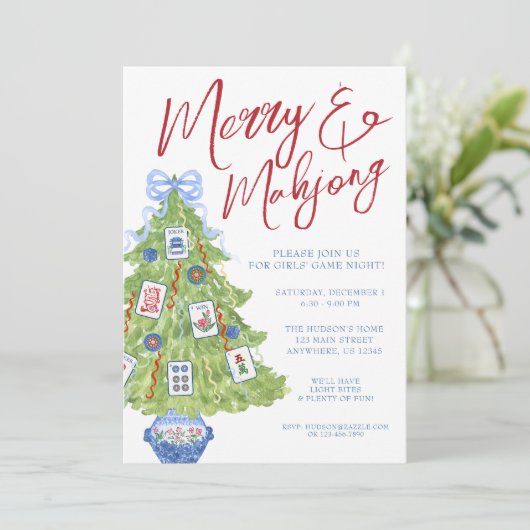 Waterverf vrolijk en mahjong kerstboomfeest kaart (Staand voorkant)