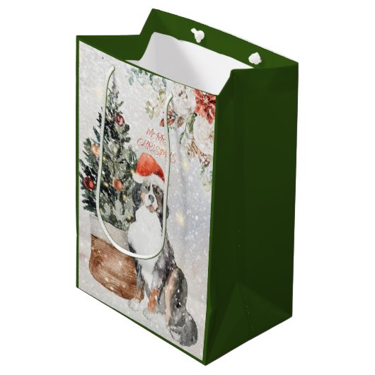 Waterverf Vrolijk Kerstfeest Berner Sennenhond Medium Cadeauzakje (Voorkant Gekanteld)