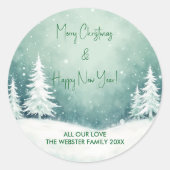 Waterverf vrolijk kerstfeest en gelukkig nieuwjaar ronde sticker (Voorkant)