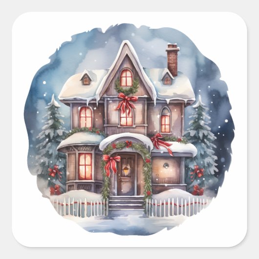 Waterverf Vrolijk Kerstfeest Gezellig Huis Vierkante Sticker (Voorkant)