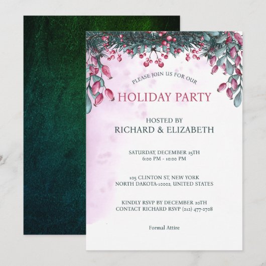 Waterverf Vrolijk Kerstfeest Holly Feestelijk Kaart (Voorkant / Achterkant)