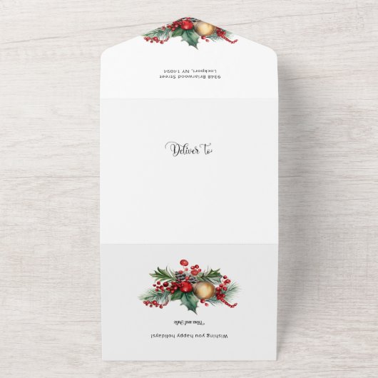 Waterverf Vrolijk Kerstfeest Kerstmis Bloemen Foto All In One Uitnodiging (Buitenkant)