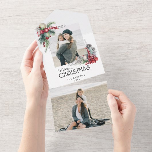 Waterverf Vrolijk Kerstfeest Kerstmis Bloemen Foto All In One Uitnodiging (Afscheurbaar)