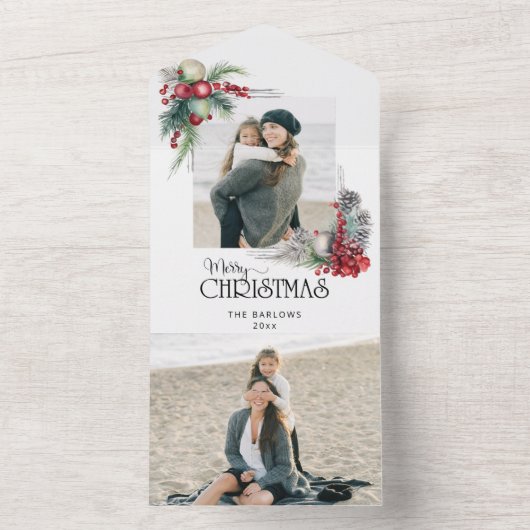 Waterverf Vrolijk Kerstfeest Kerstmis Bloemen Foto All In One Uitnodiging (Binnen)