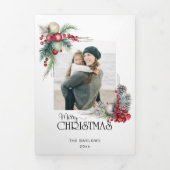 Waterverf Vrolijk Kerstfeest Kerstmis Bloemen Foto Drieluik Kaart (Cover)