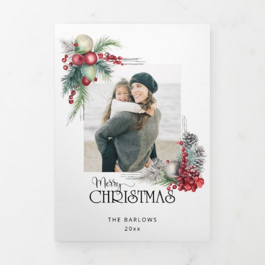 Waterverf Vrolijk Kerstfeest Kerstmis Bloemen Foto Drieluik Kaart (Cover)