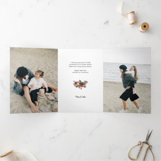 Waterverf Vrolijk Kerstfeest Kerstmis Bloemen Foto Drieluik Kaart (Binnen)