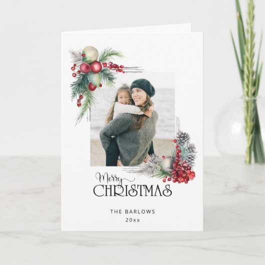 Waterverf Vrolijk Kerstfeest Kerstmis Bloemen Foto Feestdagen Kaart (Voorkant)
