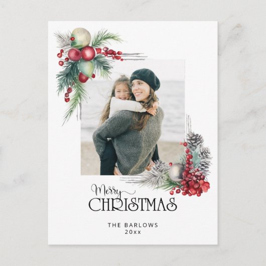 Waterverf Vrolijk Kerstfeest Kerstmis Bloemen Foto Feestdagenkaart (Voorkant)