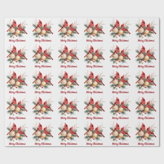 Waterverf Vrolijk Kerstfeest Rode Kardinaal & Bess Cadeaupapier (Vlak)