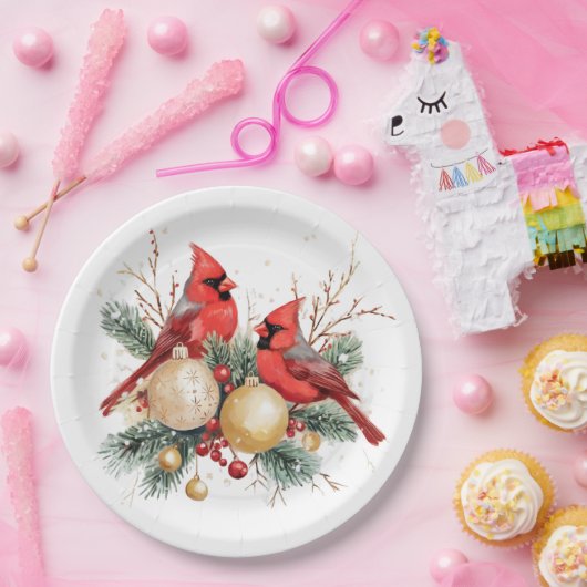 Waterverf Vrolijk Kerstfeest Rode Kardinaal & Bess Papieren Bordje (Feest)