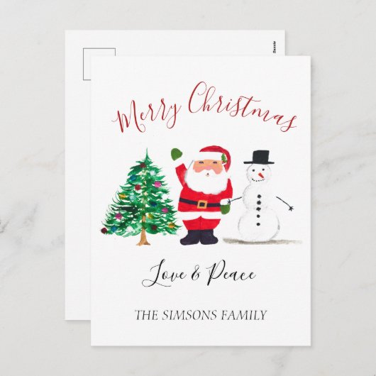 Waterverf Vrolijk Kerstfeest Santa Sneeuwman Feestdagenkaart (Voorkant / Achterkant)