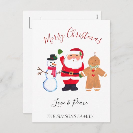 Waterverf Vrolijk Kerstfeest Santa Sneeuwman Feestdagenkaart (Voorkant / Achterkant)