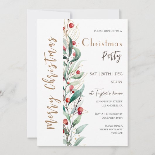 Waterverf Vrolijk Kerstfeest Uitnodiging (Voorkant)