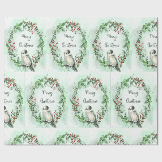 Waterverf Vrolijk Kerstgrijs Jay Vogelkrans Cadeaupapier (Vlak)