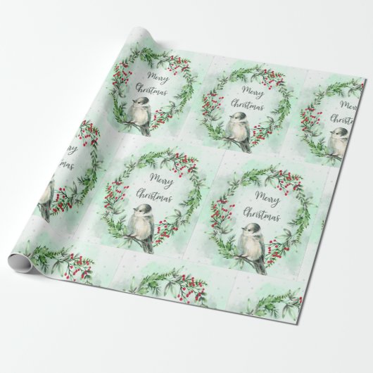 Waterverf Vrolijk Kerstgrijs Jay Vogelkrans Cadeaupapier (Uitgerold)