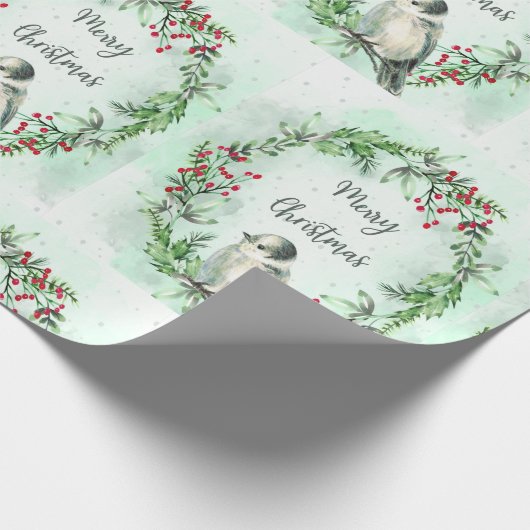 Waterverf Vrolijk Kerstgrijs Jay Vogelkrans Cadeaupapier (Hoek)