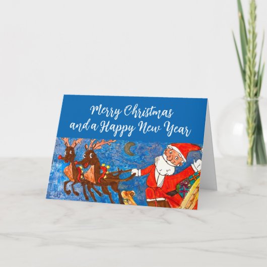 Waterverf Vrolijk Kerstman Rendier Feestdagen Kaart (Voorkant)