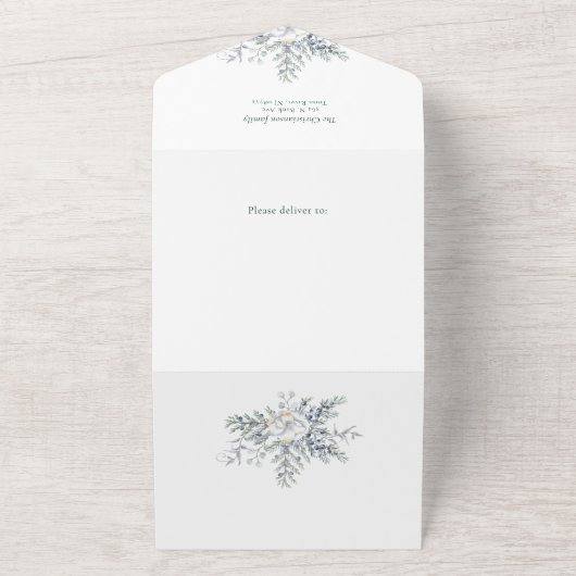 Waterverf Vrolijk Kerstscript Juniper 3-Foto All In One Uitnodiging (Buitenkant)