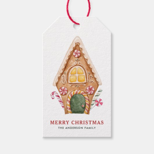 Waterverf Vrolijke Gingerbread House Christmas Cadeaulabel (Voorkant)