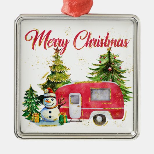 WATERVERF VROLIJKE KERSTCAMPER & BOMEN METALEN ORNAMENT (Voorkant)