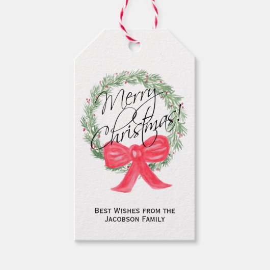 Waterverf Vrolijke Kerstmis Pine krans vakantie Cadeaulabel (Voorkant)