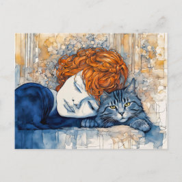 Waterverf vrouw die met kat slaapt briefkaart