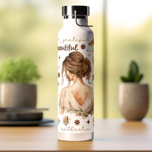 Waterverf vrouw met bruin haar Boho bevestiging Waterfles