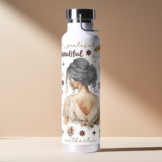 Waterverf Vrouw Met Grijs Haar Boho Affirmatie Waterfles