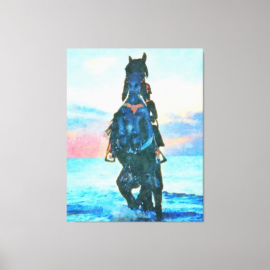 *~* Waterverf Vrouw Rond strand Paardenstrant AR22 Canvas Afdruk (Voorkant)