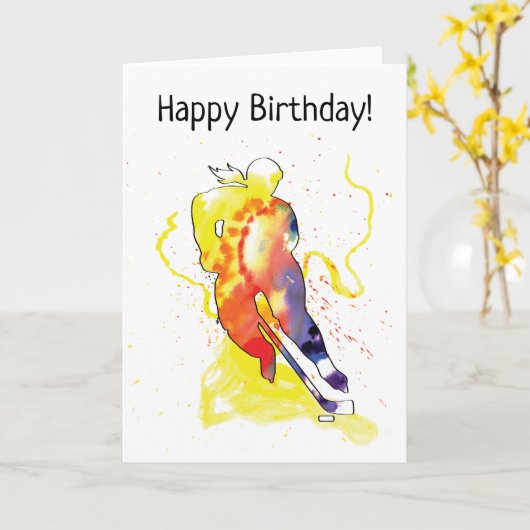 Waterverf vrouwelijke Hockey Player Birthday Kaart (Gele Bloem)