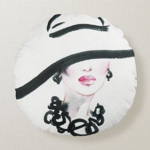 Waterverf vrouwenportret, abstracte mode illust rond kussen