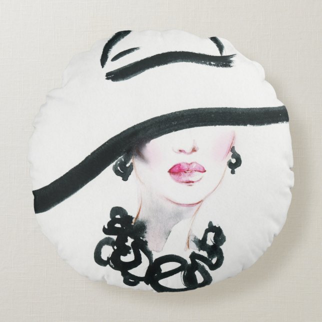 Waterverf vrouwenportret, abstracte mode illust rond kussen (Voorkant)