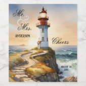 Waterverf Vuurtoren Elegante Bruiloft Wijn Etiket (Enkel label)