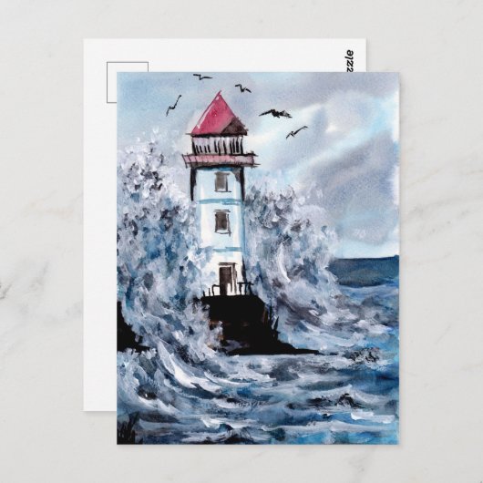 Waterverf vuurtoren en Storm Briefkaart (Voorkant / Achterkant)