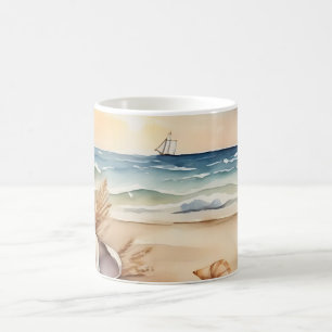 Waterverf vuurtoren en strand koffiemok