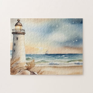 Waterverf vuurtoren en strand legpuzzel