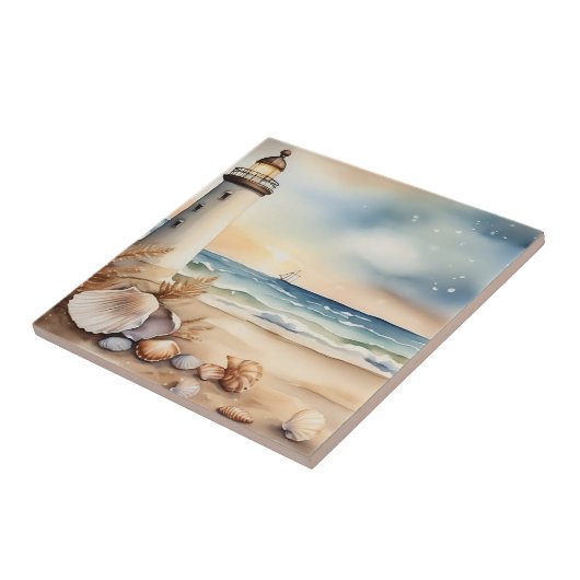 Waterverf vuurtoren en strand tegeltje (Zijkant)