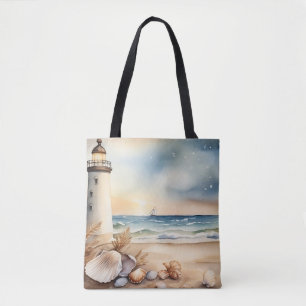 Waterverf vuurtoren en strand tote bag