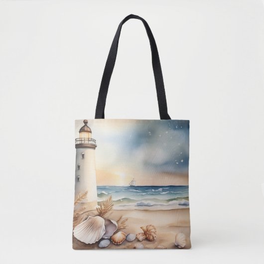 Waterverf vuurtoren en strand tote bag (Voorkant)