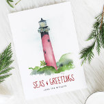 Waterverf vuurtoren Florida kerst Feestdagen Kaart<br><div class="desc">Vier kerst in juli 2025 of een warm-weer vakantieseizoen met deze charmante bulk kerstkaarten, met een handgeschilderde waterverf van de iconische Jupiter, Florida kustvuurtoren versierd met feestelijke slinger. De nautische begroeting "Zeeen en groeten" is geplaatst tegen een frisse witte achtergrond en is vormgegeven in het moderne bessenrode penseelscript, waardoor het...</div>