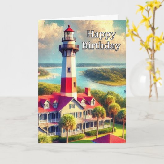 Waterverf vuurtoren Happy Birthday Greeting Kaart (Gele Bloem)