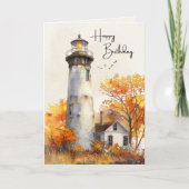 Waterverf vuurtoren herfstbladeren verjaardagsfees kaart (Voorkant)
