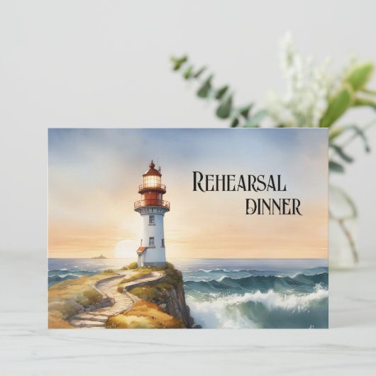 Waterverf Vuurtoren Huwelijksrepetitie Diner Kaart (Staand voorkant)